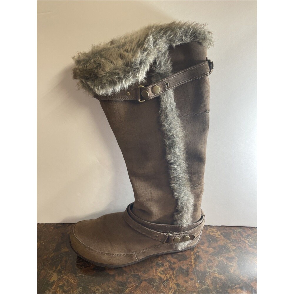 Women’s North Face Brianna Boots Brown Leather Faux Fur Insulated Knee High, 8.5